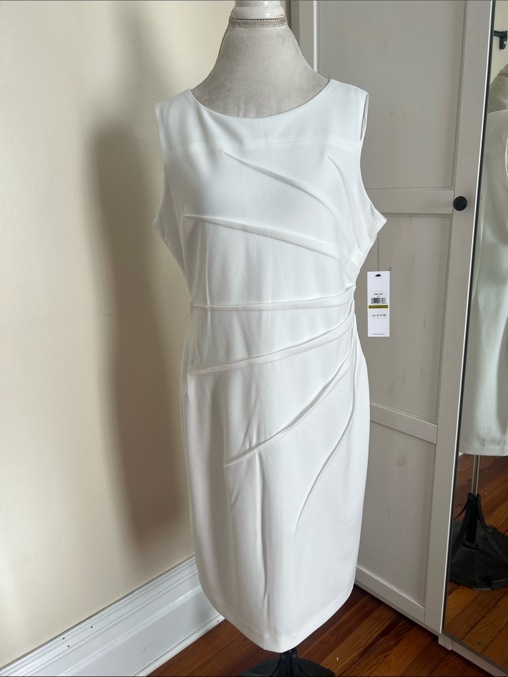 Calvin Klein White Ruched Sleeveless Sheath Midi Dress Size 14 NWT Cocktail Work